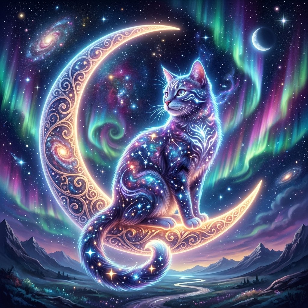 Gato místico em um ambiente onírico