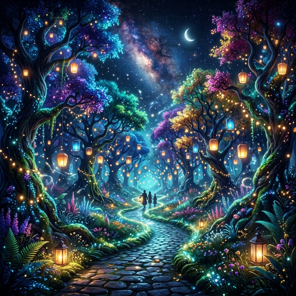 Caminho místico em uma floresta iluminada